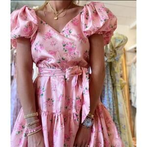 Love Shack Fancy X Target Cecile Pink Satin Floral Puff Sleeve Mini Dress Size 6